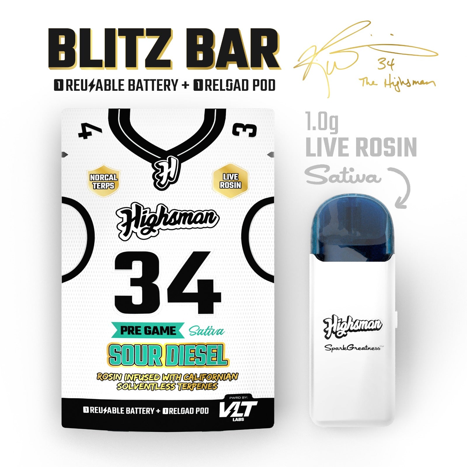 Highsman | Blitz Bar White Line | Sour Diesel | Sativa | Live Rosin All-In-One | 1g approved menu image