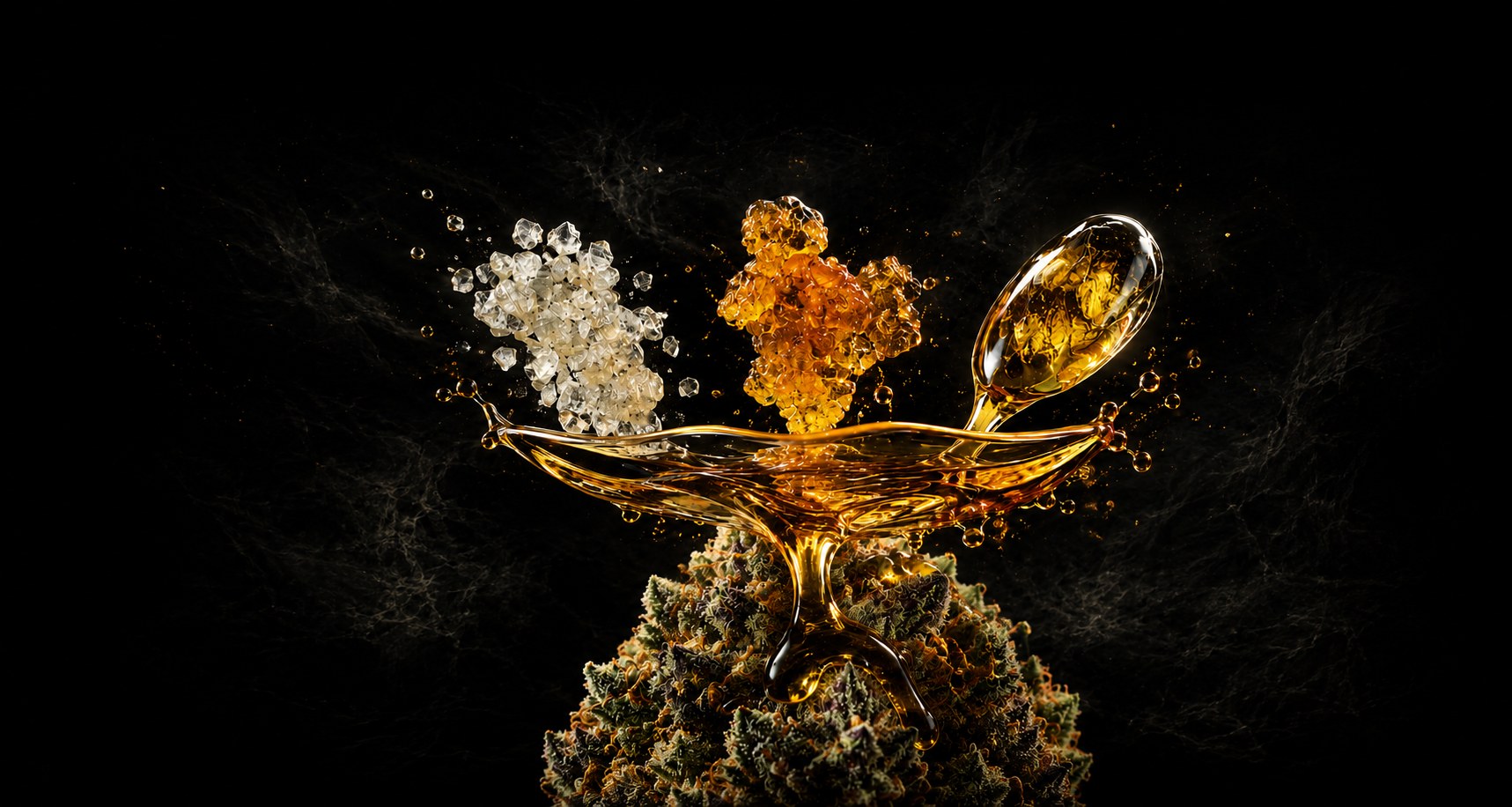 THCA diamonds, live resin and high terpene extract suspended over a splash of resin and a bud of indoor flower.